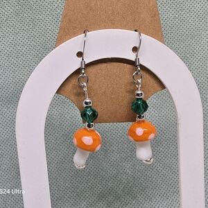 Orange Mushroom Earrings with Green Beads